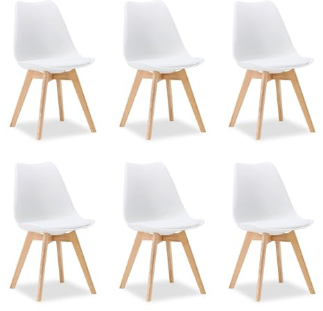 Homestyle4u 6er Set Esszimmerstühle Weiß - Scandi Design Küchenstühle | Moderne Schalenstühle mit Holzbeinen, ergonomische Kunststoffsitzschale, stabil und pflegeleicht, ideal für das Esszimmer