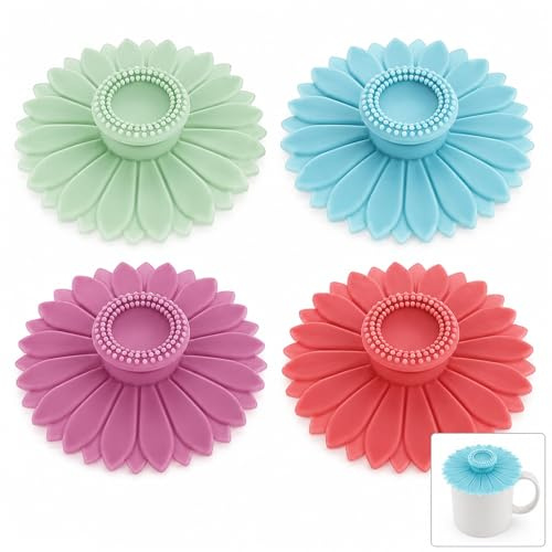 4 Pack Silicone Cup Lids, Food Grade BPA-Free Reusable Leakproof Dustproof | 10.4cm 4 colours, fits mugs, glass cups & bowls; heat & cold resistant, dishwasher safe for home office & outdoor use