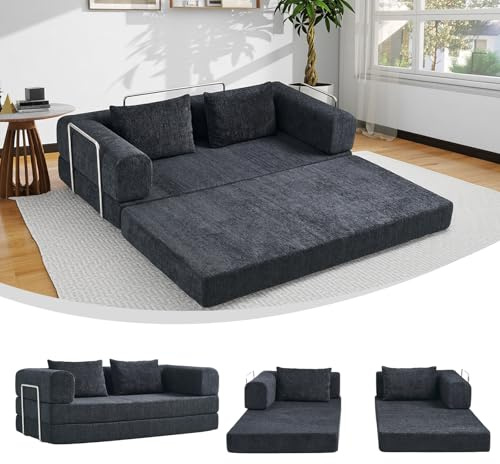 AIMSTYTO 5-in-1 Convertible Folding Sofa Bed, 79 Queen Chenille Boneless Couch with Removable Armrests, No Assembly 2 Seater Sofa, Double Futon Couch for Living Room & Bedroom (Black)