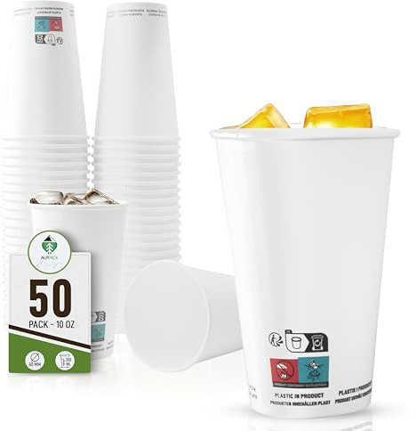 ALPPACK Lot de 50 Gobelets Jetables en Carton Blanc 10 oz / 30-35 cl – Verres Jetables pour Cocktail, Jus, Boissons Chaudes et Froides, Résistants à la Chaleur, Idéals pour Fêtes et Événements