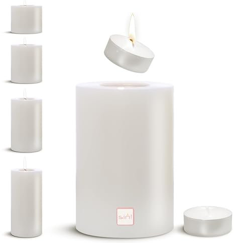 Sin! Teelichthalter Trend warmweiß - ∅ 8cm, Höhe 18cm, Die Kerze die Nicht schmilzt! - Dauerkerze in Kerzenform, Kerzenoptik aus Kunststoff mit Teelichteinsatz, inkl. Teelicht 4 Std, Brenndauer