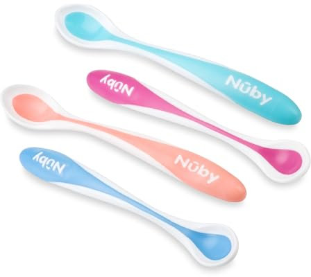 Nûby Cuillère - Lot de 2 Cuillères Thermosensibles avec Bord Doux en Tpe au 4 Mois - Coloris aléatoire