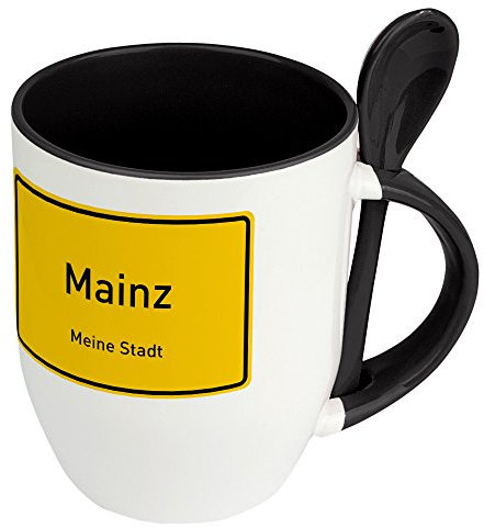 Städtetasse Mainz - Löffel-Tasse mit Motiv Ortsschild - Becher, Kaffeetasse, Kaffeebecher, Mug - Schwarz