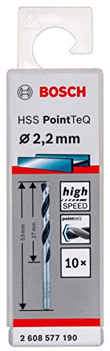 Bosch Accessories 2608577190 HSS PointTeQ (2,2 x 27 x 53 mm) - Set da 10 Pezzi di Punte Elicoidali per Trapano per Metallo, Acciaio, Fusione o Plastica, Grigio (Argento), Ø 2.2 mm
