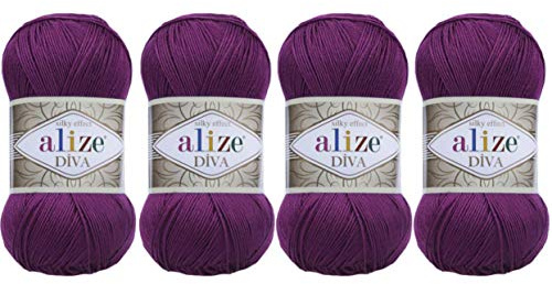 Handstrickgarn, 100 % Mikrofaser, Acrylgarn, Alize Diva, Seideneffekt, Häkelkunst, Spitzenhandwerk, 4 Knäuel, 400 g, 1532 m, Farbe 297 Pflaume