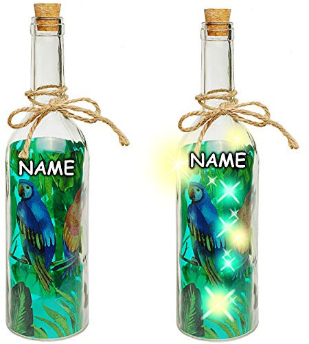 4 Stück Glas - LICHT Dekoflaschen - 5 Stück LED - Papagei & Tropen Blätter - grün - inkl. Name - Lichtflaschen/Flaschen mit Licht - 30 cm - Batterie betri..