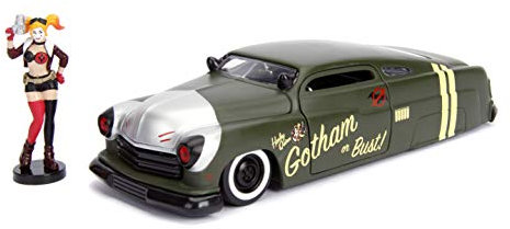 Jada Toys DC Comics Bombshells Harley Quinn, 1951 Mercury, Auto, Spielzeugauto aus Die-cast, Türen, Kofferraum & Motorhaube zum Öffnen, inkl. Harley Quinn Figur, Maßstab 1:24, schwarz