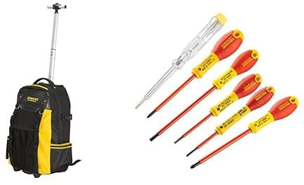 Stanley 1-79-215 Sac À Dos Porte-Outils À Roulettes Gamme Fatma - Nylon Ultra Résistant 600 deniers & FatMax 0-65-443 Jeu De 6 Tournevis Isolés 1000V - Gamme FatMax - Liaison Quasi Incassable