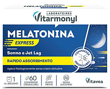 Melatonina Express - Integratore alimentare per il Sonno e il Jet Lag - Melatonina per Dormire - Gusto Menta - Senza Zuccheri - Confezione da 60 compresse orosolubili - Vitarmonyl