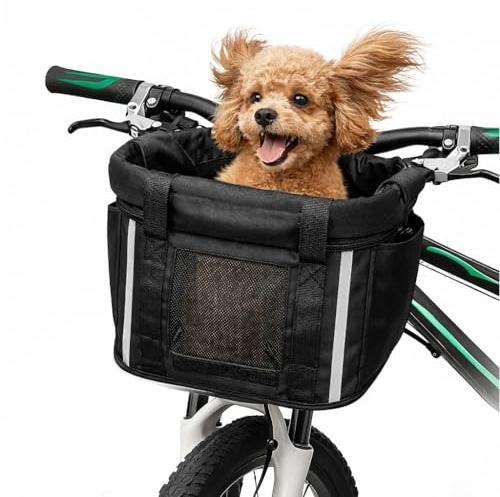 ANZOME Dog Bike Basket, Folding Front Pet Carrier for Small Dogs & Cats