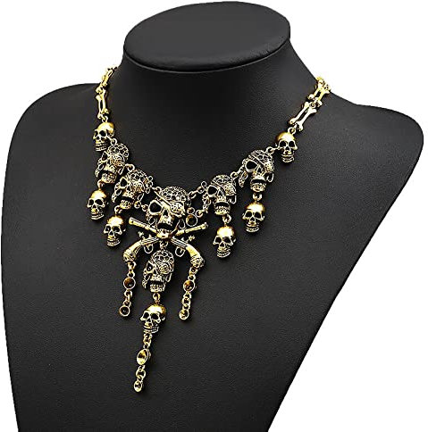 FakeFace Halloween Halskette Piraten Schädel Quaste Charm Halskette Kragen Lätzchen für Frauen Horror Halskette Punk Retro Geisterkopf Quaste Schlüsselbein Kette Halloween Schädel Halskette (Gold)