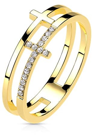 Paula & Fritz® Ring Damen Doppel-Ring Kreuz Gold Zirkonia Klar 316L Chirurgenstahl Größe 59 (18,8) 8-mm Breit Herrenring Partnerring Ehering Religion