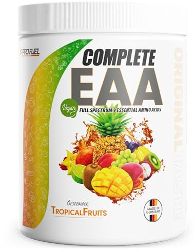EAA Pulver 500g TROPICAL FRUITS - 12.500mg essentielle Aminosäuren, unglaublich lecker & erfrischend - COMPLETE EAA mit allen 9 EAAs inkl. Histidin - EAA vegan Aminosäuren Pulver - Amino Workout Drink