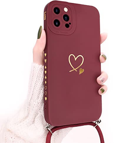 Newseego Lanyard Case Compatible for iPhone 12 Pro Max, Cute Gold Love Heart Pattern Women Girls Liquid Silicone Protective iPhone 12 Pro Max Case with Heart Side Frame Adjustable Neck Strap-Claret