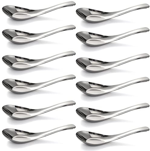 Lot de 6 cuillères à soupe chinoises en acier inoxydable poli miroir pour bouillon, dessert, céréales, thaï, miso ramen