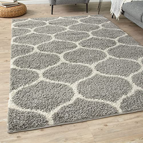 THE RUGS Shaggy Rug – Modern Moroccan Design Rugs for Living Room, Bedroom, Hallway, 3 cm Thick Area Rugs, (Trellis Grey/Ivory, 160x230cm)