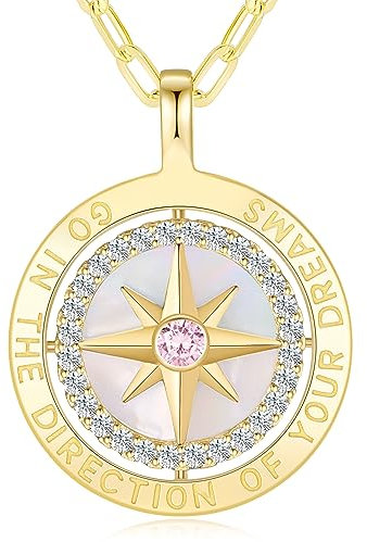 LOUISA SECRET Gold Halskette Damen Silber 925 Kompass Kette Anhänger Weißer Zirkon Schmuck Damen Geschenk für Sie Frau Freundin an Geburtstags Weihnachten Valentinstag