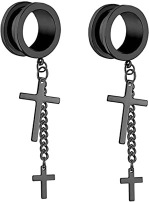 Gualiy 2 STK Plug Ohr Edelstahl, Ohrringe Plugs Herren 22mm mit Kette und Kreuz Anhänger Schwarz Piercing Plug Set