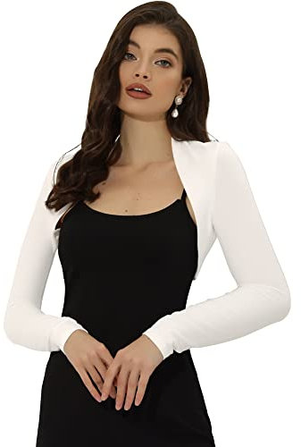 Allegra K Damen Bolero Langarm Festlich Crop Strick Jacke Einfarbig Baumwolle Elegant Schulterjacke Weiß XS
