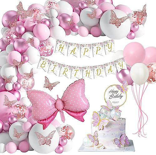 Geburtstagsdeko Mädchen, Pastell Luftballons Deko Kindergeburtstag, Rose Schmetterling Folienballons Girlande, Birthday Decorations Luftballon Geburtstag Deko Mädchen Schmetterling Deko Torte Kinder