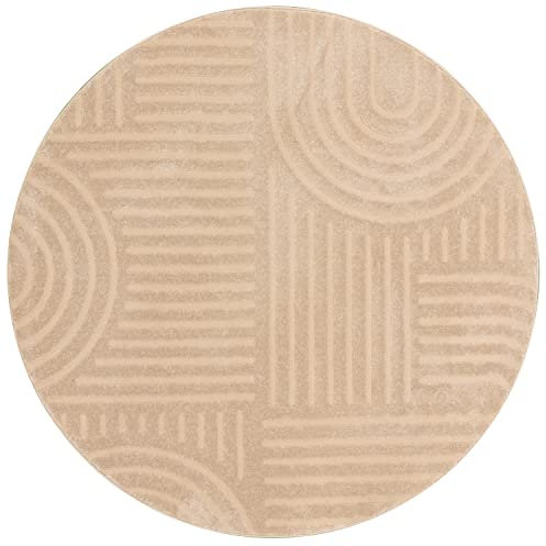 Kurzflor Teppich, Rund, Wohnzimmer, Boho Geometrisch - Beige - Ø120 cm (rund) - Moderner Superweicher Teppich