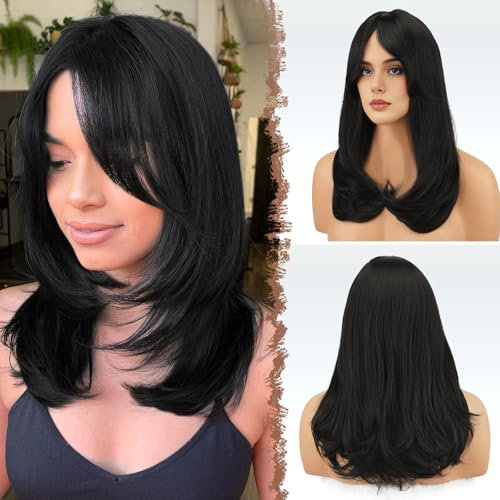 FESHFEN Lang Perücken mit Pony, Damen Perücken Natürlich Schwarz Synthetik Haar Natürlicher Look Kunsthaar Haarperücke für Frauen für Tägliche Party Cosplay 45 cm