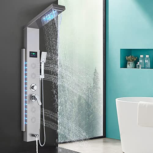 Colonne De Douche Hydromassante Avec 4 Jets De Massage Affichage Led De La Température De L'Eau,Système De Douche Avec Bec De Baignoire Et Douchette à Main, Nickel Brossé