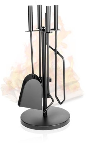 Kaminbesteck Holzgriffe 5-teilig, Kaminzubehör 49cm mit Ascheschaufel Besen Schürhaken und Halter, Schwarz Griffe Schmiedeeisen Kamin Eisenblockhalter Feuerstelle Kamin-Werkzeug Sets (5-teilig)