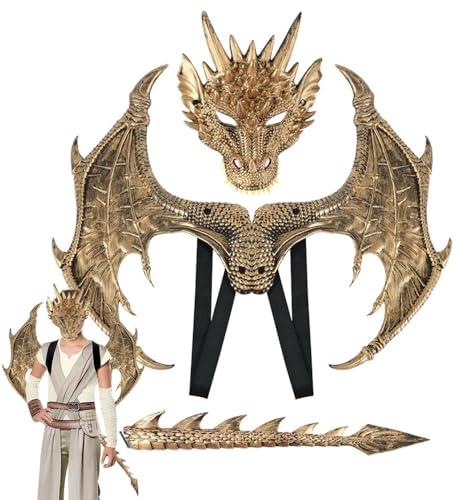 Anyingkai Halloween Drachenflügel Schwanz Masken Set,3 Stücke Halloween-Dinosaurier Cosplay Set,Drachen kostüm,Halloween Drachen Maske Drachens Cosplay Kostüm(Gold)