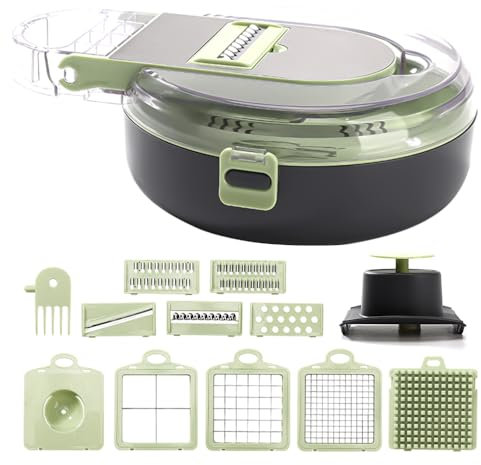 Cortador de Verduras Manual Multifunción 13 en 1, Acero Inoxidable Mandoline Cortadora De Verduras, Vegetable Chopper con 8 Cuchillas, Picador De Verduras para Tomate con Recipiente para Escurrir