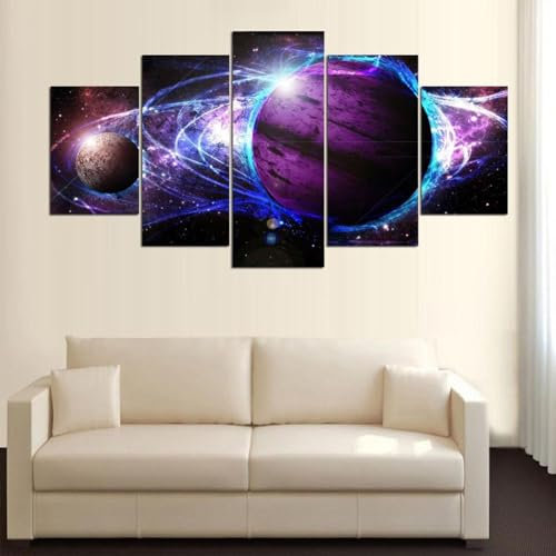 WAGYU 5 teiliges wandbild Planet Ring Sterne Galaxy Space Abstract 5 stück leinwand wandkunst,5 teilig leinwand wanddeko,leinwanddruck 5 teilig bilder wohnzimmer modern groß,mit rahmen,xxl 150x80cm