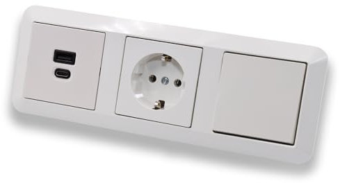 EBROM USB-C und USB-A Unterputz Steckdose 45+15 Watt Leistung Schnellladefunktion f. Wearables Smartphones Tablets + Merten Wippschalter MEG3116-0000 + Steckdose MEG2301-0319 System M polarweiß gl.