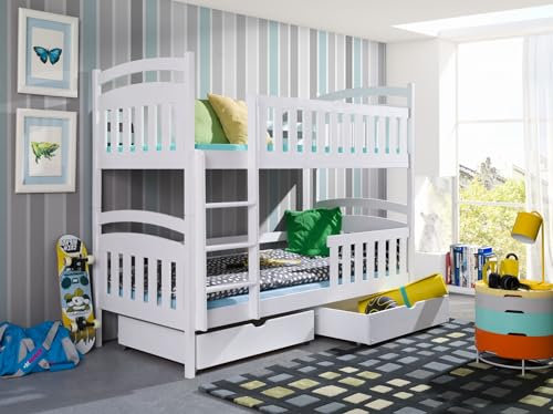 KEF Tom Etagenbett Kinder 80x160 cm - Holz Kinderbett - für Zwei Kinder - Holzbett mit Schubladen - Massivholz Kinder Bett mit Lattenrost - Weiß - ohne Matratze - Leiter Links