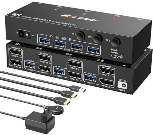 8K KVM Switch 3 PC 2 Monitore Displayport, Camgeet 4K@144Hz Dual Monitor KVM Switch DP1.4 für 3 Computer 2 Monitore und 4 USB Geräte, USB3.0 KVM Umschalter Unterstützung von Extended & Duplicate Mode