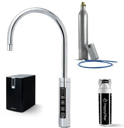 HappyFilter FizzRed Wassersprudler Wasserkocher | gekühlt | gesprudelt | kochend| 3in1 Touch Chrom Wasserhahn | Kalkfilter | Wasserspender | Büro | Küche | Festwasseranschluss | 425g CO2 Adapter