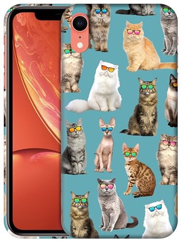 GlamCase for iPhone XR, iPhone XR Case - Cat Pattern With Sunglasses Teal Design Printed Slim Fit Cute Plastic Hard Protective Designer Back Phone Case/Cover for iPhone XR.