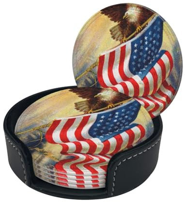 Getränkeuntersetzer mit amerikanischer USA-Flagge, Adler, bedruckt, rund, PU-Leder, mit Halter, rutschfeste Tassen-Untersetzer für Getränke, Kaffee, Bierkrug, 6 Stück