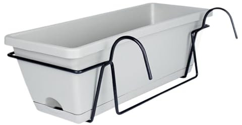 F Fityle Jardinière de Balcon avec Plateau et Support 43x19x15cm, pour extérieur, rectangulaire, Polyvalent, fenêtre, Garde-Corps, Support de Pot de Plante, Gris Clair