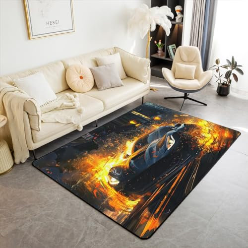 Homewish Feuer Sport Auto Teppich für Kinder Jungen Extreme Sport Bereich Teppich 150Bx200L,Speed Sport Auto Spiel Racing Auto Thema Nicht Verschütten Teppich