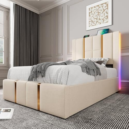 Merax Stauraumbett Polsterbett Hydraulisch Einzelbett 90×200cm, LED Funktionsbett mit USB Ladefunktion, höheres Kopfteil, Lattenrost aus Holz, Metallrahmen, Leinen, Jugendbett, ohne Matratze, Beige