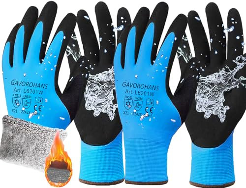 GAVOROHANS Wasserdichte Thermo-Winter-Arbeitshandschuhe, Polarfleece-Innenfutter, Hervorragende Griffigkeit, Doppelte Latex-Beschichtung (Blau-2paare, L)
