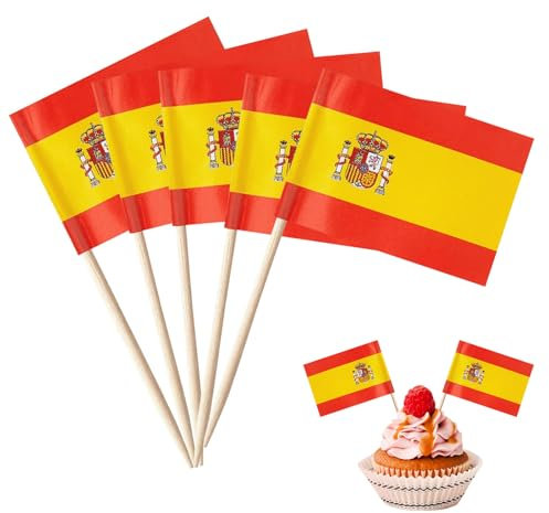 Catelves 100 Stück Spanien Zahnstocher Holz,Spanien Flagge Cocktail Stick,Spanien Party Spieße Fingerfood,Zahnstocher mit Spanien Fähnchen für Cake Obst