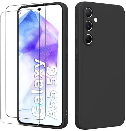 binandteam Cover per Samsung Galaxy A55 5G (6.6) con 2 Pezzi Vetro Temperato Custodia, Gomma Gel di Silicone tpu Liquida Antiurto Antigraffio Case - Nero