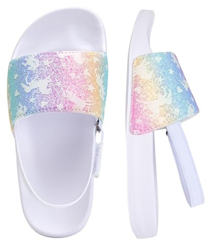 Torotto Unisex-Kinder Badeschlappen Sommer Flache Hausschuhe Badesandalen rutschfest Schlappen Badeschuhe(Regenbogen Einhorn, 26/27EU)