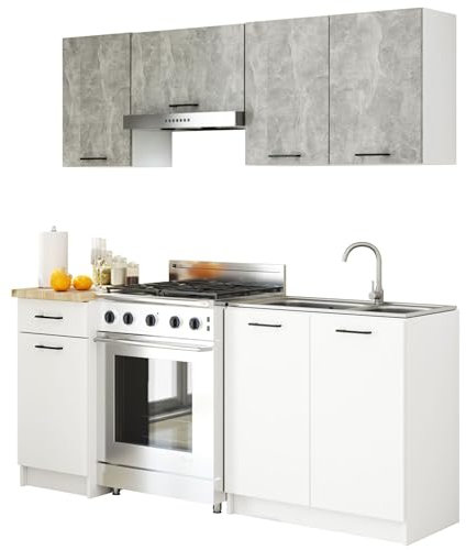 3E 3xE living.com Küchenzeile in Farbe: Beton | weiß, A: B: 180 cm, H: 203 cm, T: 46 cm
