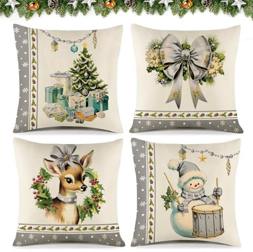 Gaeymy Kissenbezug 40x40, Kissenbezug Weihnachten 4er Set, Weihnachtskissen Weihnachtskissenbezug aus Leinen, Grau Kissenhüllen, Weihnachtsdeko Kissen für Sofa Wohnzimmer Schlafzimmer