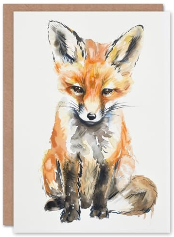 Artery8 Baby Red Fox Watercolour Cute Animal Cub Portrait Blank For Him Or Her Art Birthday Card
