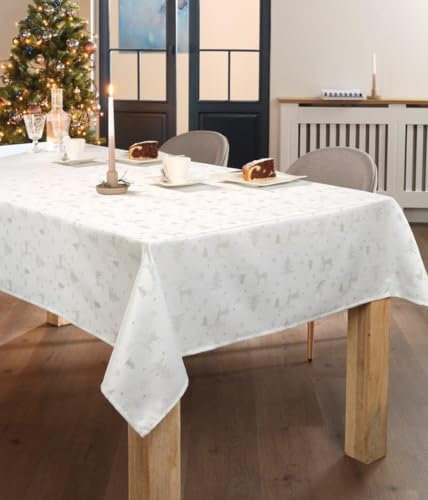 DecoHomeTextil Heimtextilmanufaktur Lurex Rentier Tanne Tischdecke Oval 140 x 190 cm Weiß Silber dezent glitzernd Weihnachten Christmas