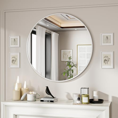 BEAUTYPEAK 76 cm Runder Spiegel in Weiß, Rund Dekorativer Wandspiegel mit Aluminiumrahmen, Bruchsicherer Badezimmer Spiegel zum Aufhängen und Anlehnen, Wandspiegel für Schlafzimmer, Bad, Wohnzimmer