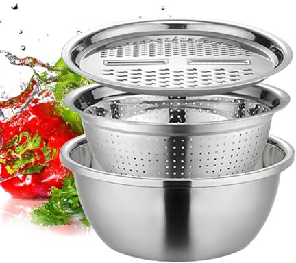 Lavabo alemán multifuncional de acero inoxidable,Juego de tazones para mezclar Tazón rallador 3 en 1 | Juego de cuencos para mezclar ensaladas con cesta de drenaje para triturar verduras y frutas